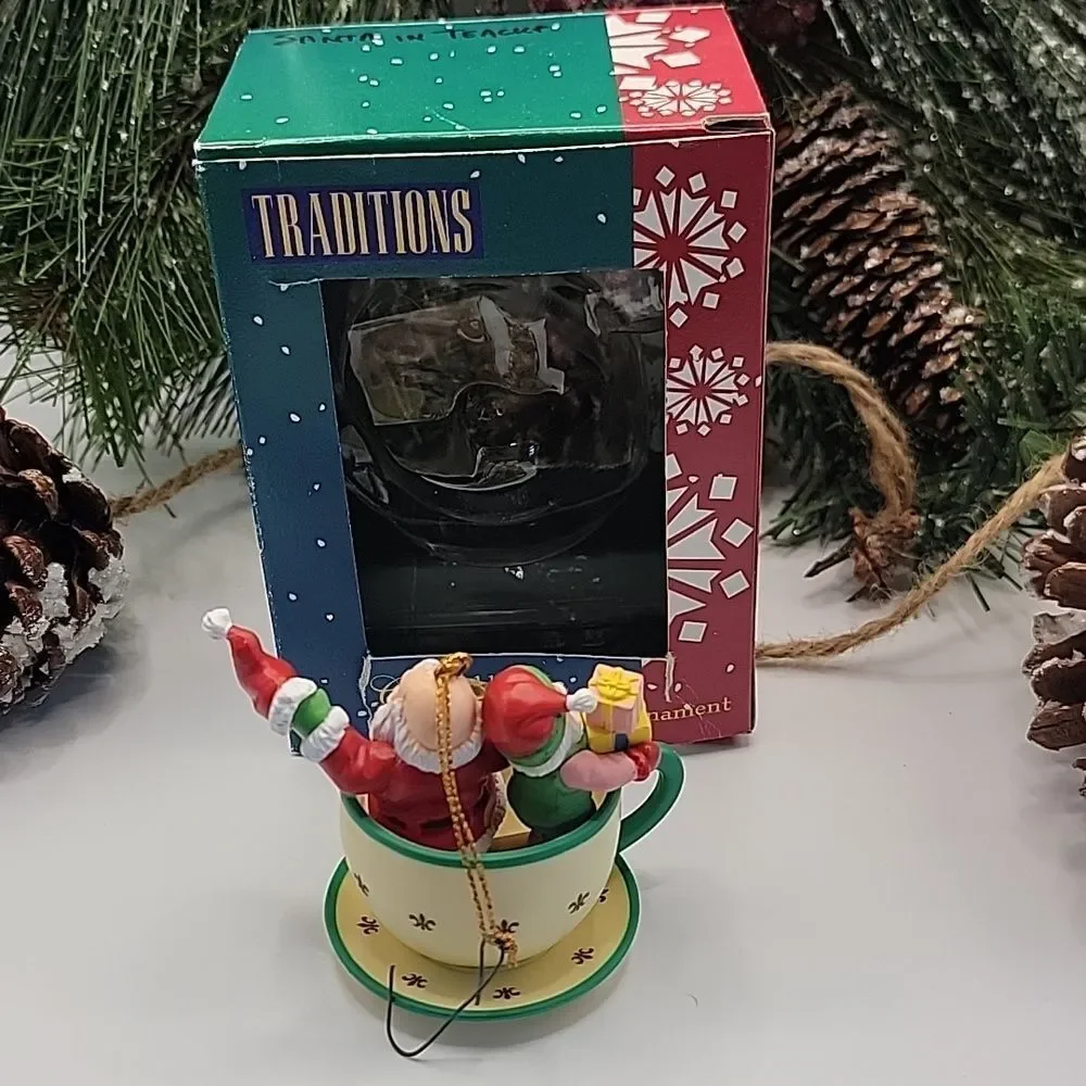 Santa and Elf Spinning Teacup Ride Ornament Traditions Vintage 90s